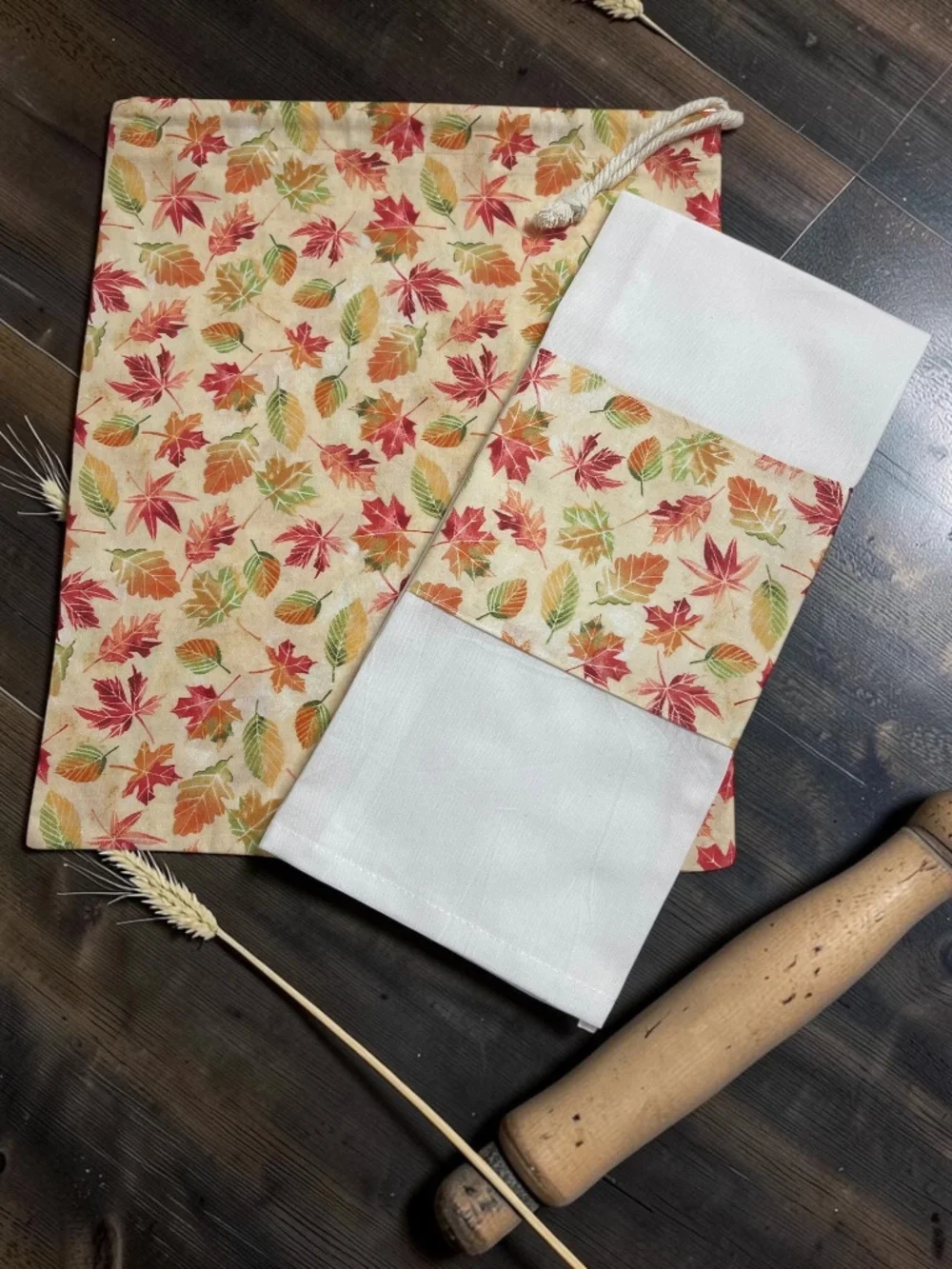 Fall Leaves Cotton Bread Bag with Matching Mason Jar Bonnet & Tea Towel